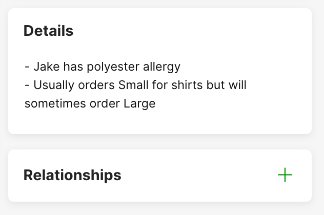 Details about Jake's polyester allergy and shirt size preferences are outlined here.