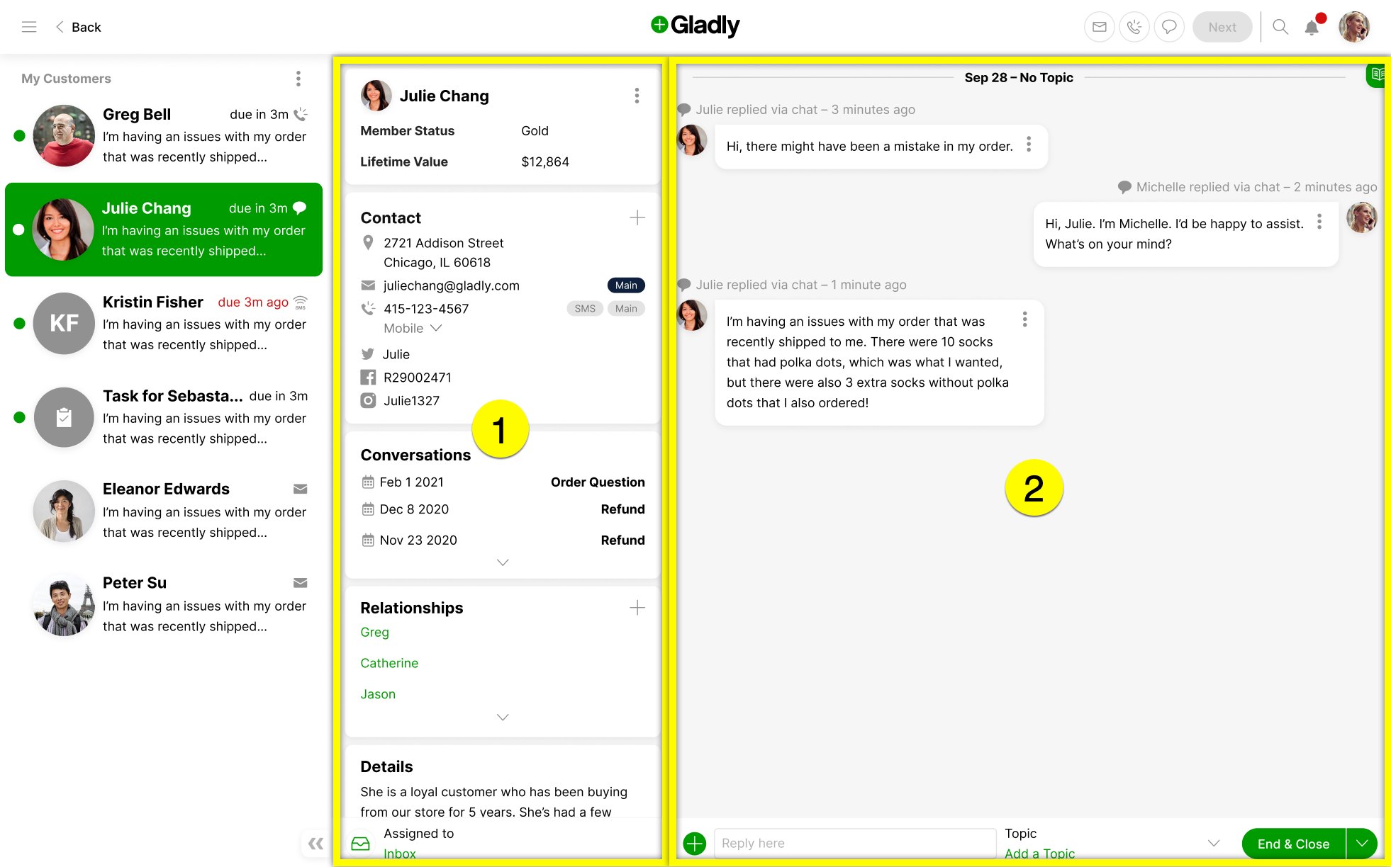 Customer service chat showing order issues and customer details for Julie Chang.