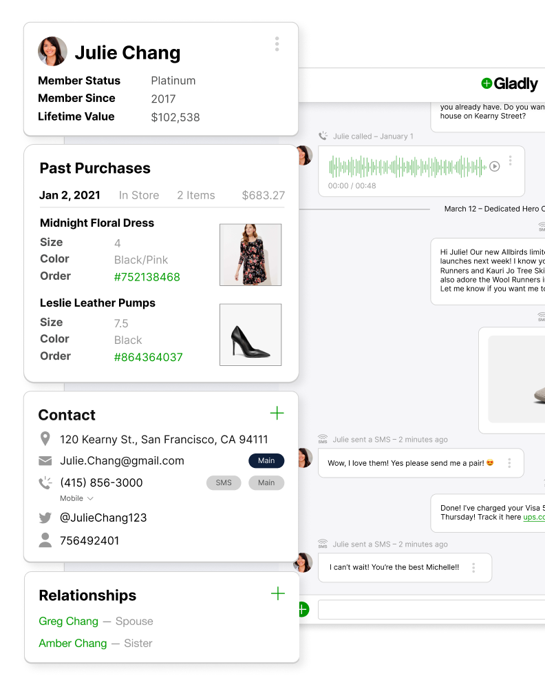 Profile of Julie Chang showing purchases, contact details, and relationships information.