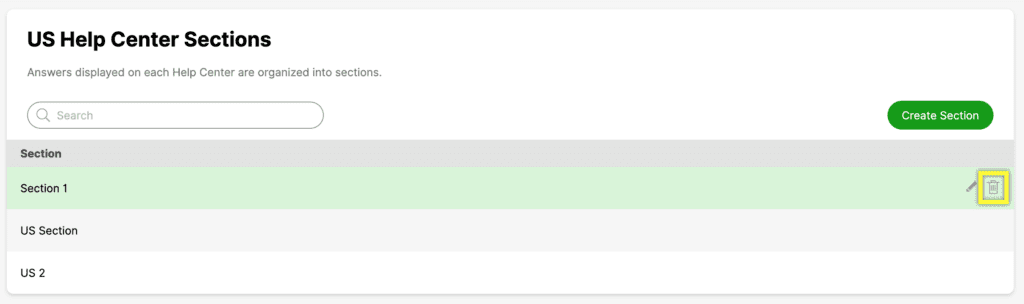 Overview of US Help Center sections with options to create or edit sections.