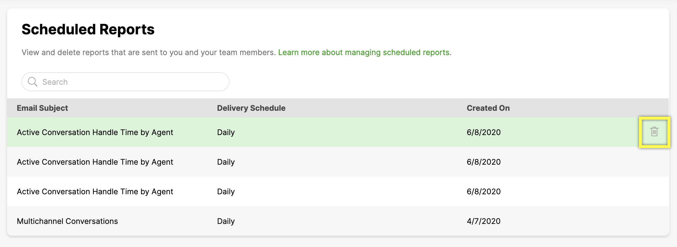 Scheduled reports list showing email subjects, delivery schedules, and creation dates.