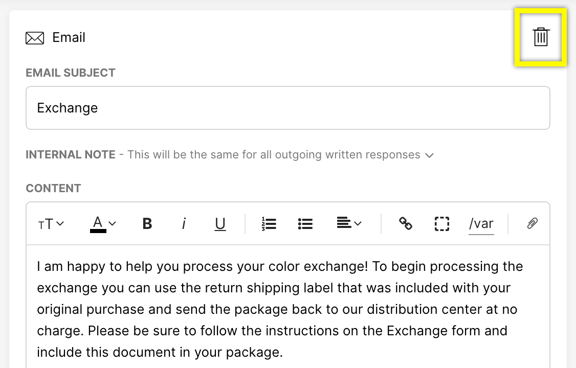 Email interface showing subject and content for processing a color exchange request.