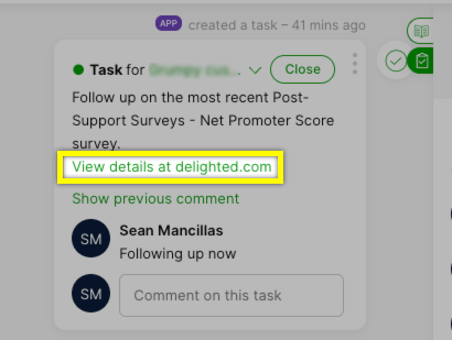 Task details for following up on a Net Promoter Score survey at delighted.com.