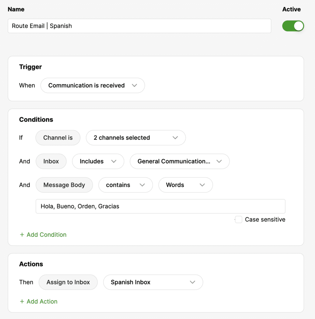 Email routing setup for Spanish communications based on specific conditions and actions.