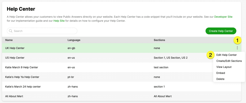 Help Center overview showing various sections and options for editing help topics.