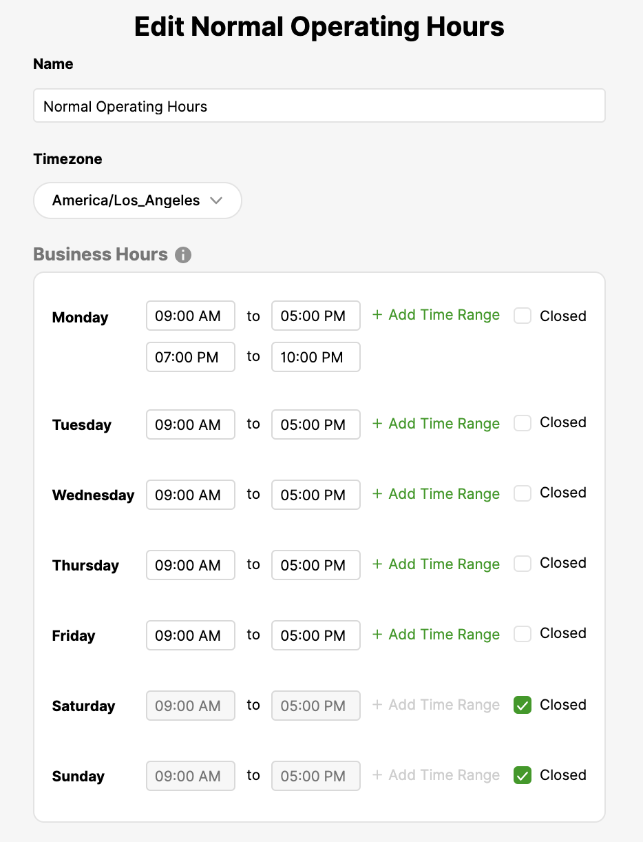 Business hours schedule for each day of the week with time ranges listed.