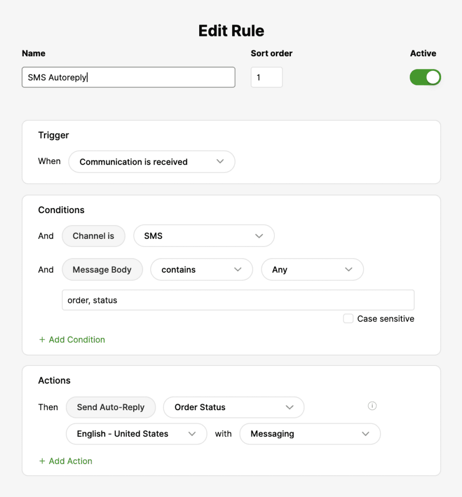 Configuration settings for SMS auto-reply rules including triggers and actions.