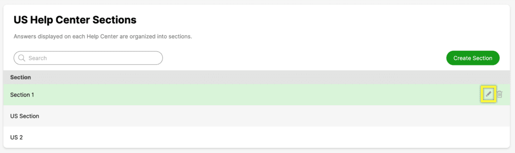 Overview of US Help Center sections with an edit option for Section 1.