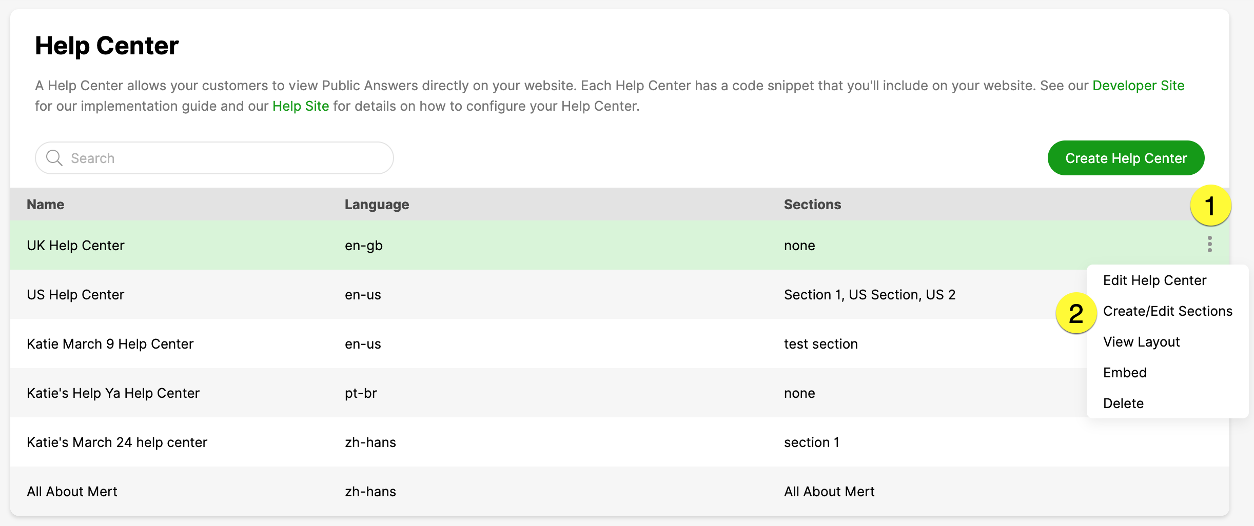 Help Center overview displaying various sections and options for management and configuration.