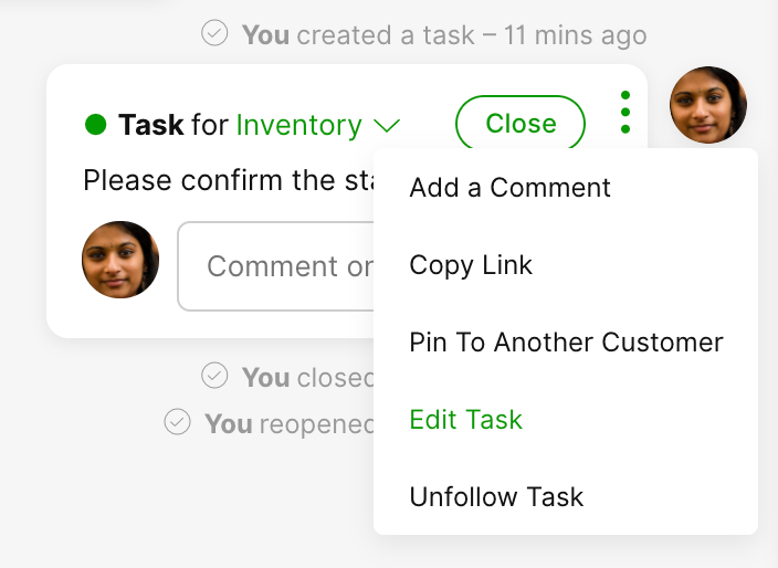 Task management interface showing options to edit, close, and comment on tasks.