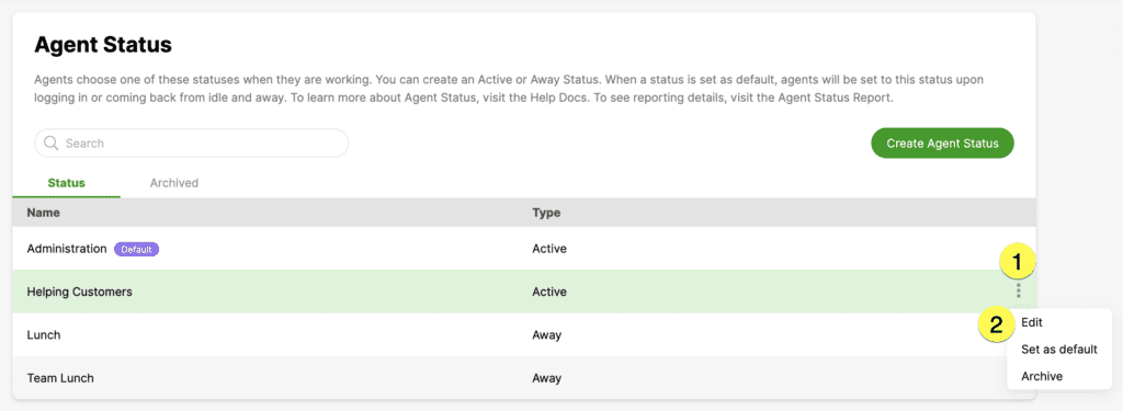 Overview of agent statuses with options to edit or set as default.