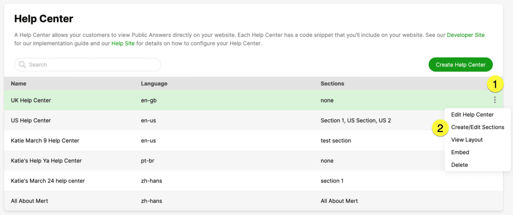 Help Center overview displaying various sections and options for editing and managing content.