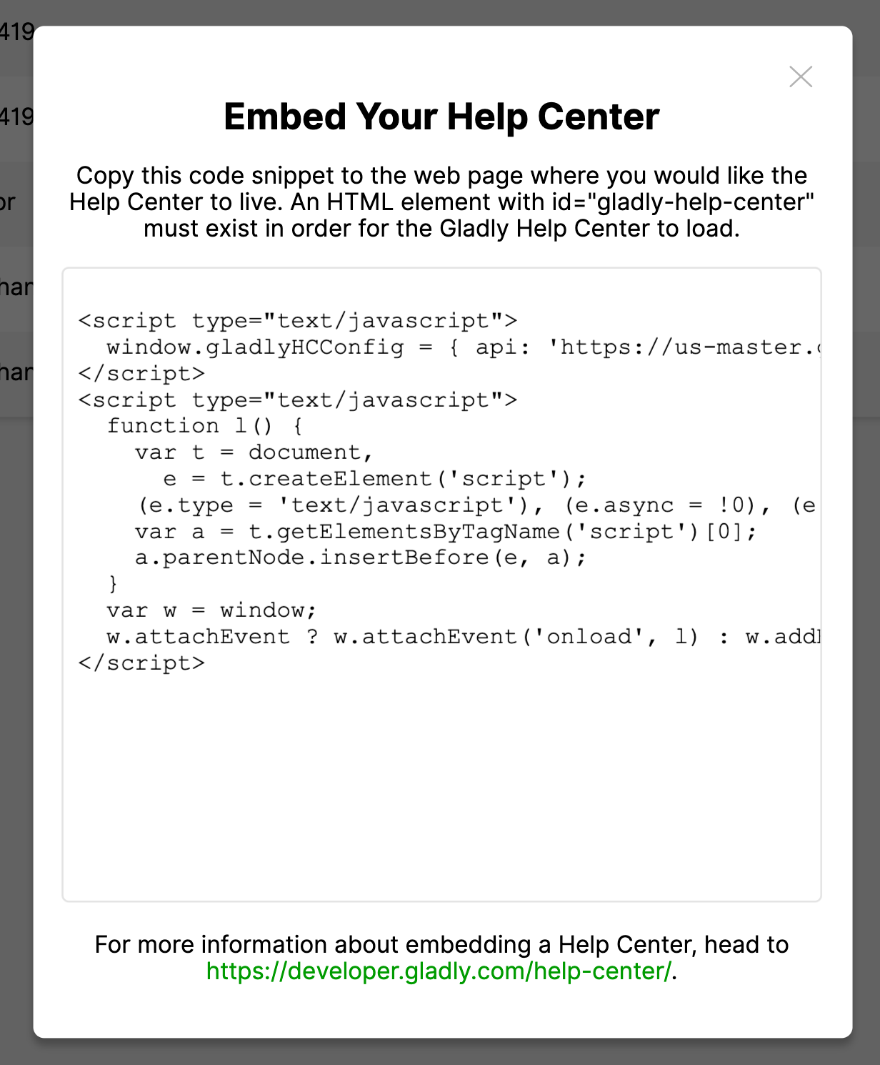 Instructions for embedding a Help Center using JavaScript code snippet.