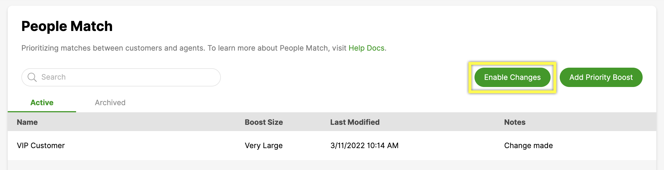 Interface showing People Match with options to enable changes and add priority boost.