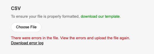 Error message indicating issues with the uploaded CSV file and options to download logs.