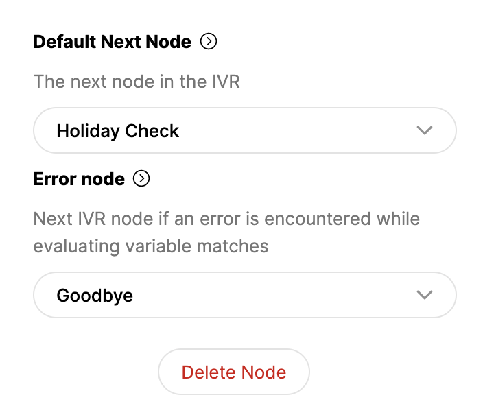 IVR configuration showing default and error nodes with options for next actions.