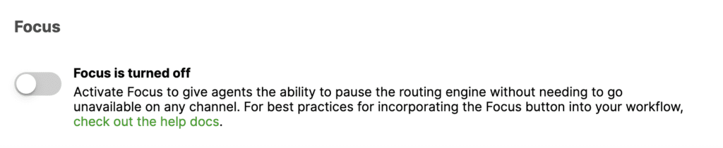 Focus feature is turned off, with instructions to activate it for agents.