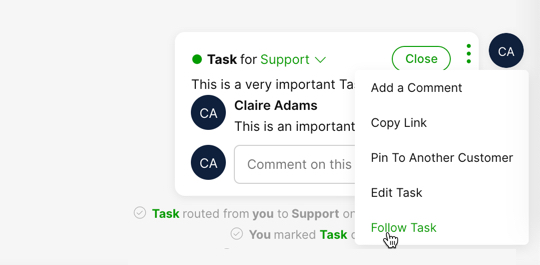 Task management interface showing options to follow, edit, and comment on tasks.