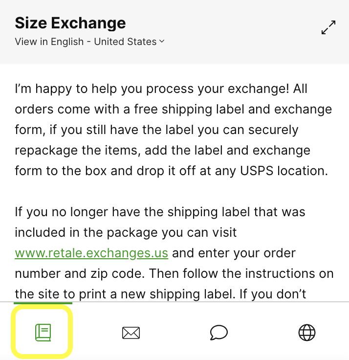 Instructions for processing size exchanges with shipping label and website link provided.