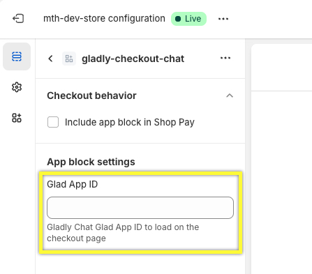 Gladly Chat configuration settings with highlighted Glad App ID input field.