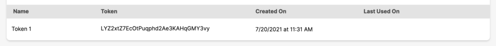 Table displaying token details including name, token value, and creation date.