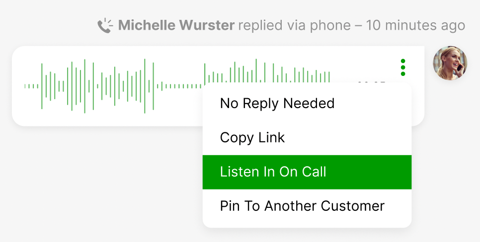 Voice message from Michelle Wurster with options to listen or copy link.