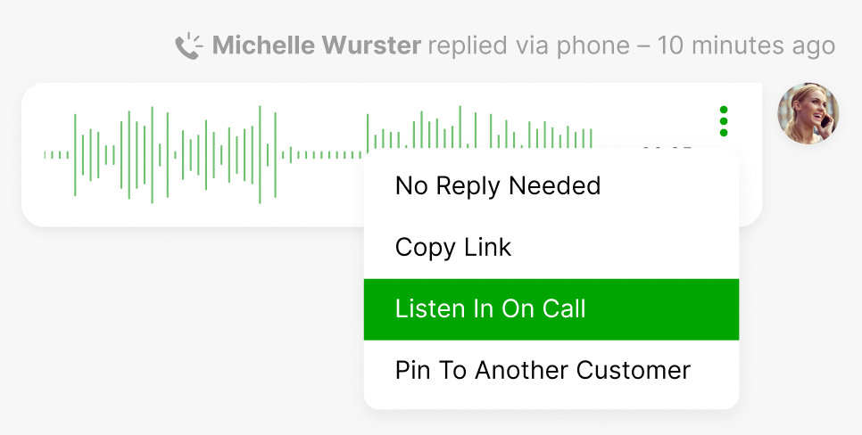 Voice message interface showing options including 'Listen In On Call'.