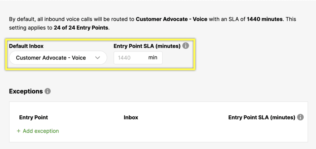 Default inbox settings for Customer Advocate - Voice with SLA of 1440 minutes.