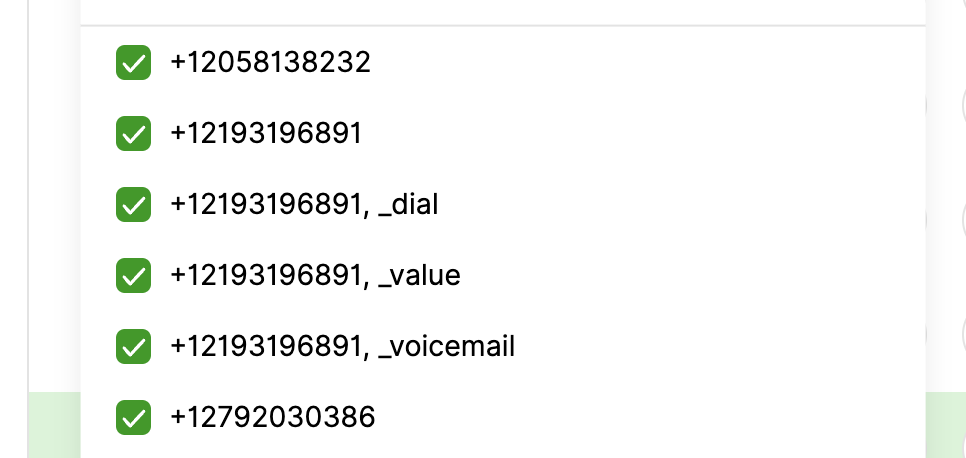 List of phone numbers with checkmarks indicating successful entries or selections.