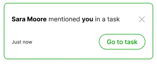 Notification indicating Sara Moore mentioned you in a task, with a prompt to view it.