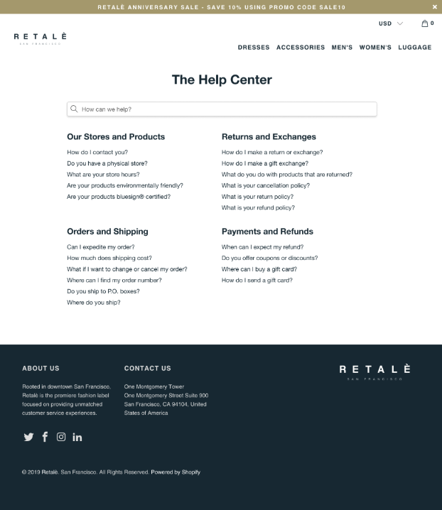 Help Center page with FAQs on orders, returns, and payments for customers.