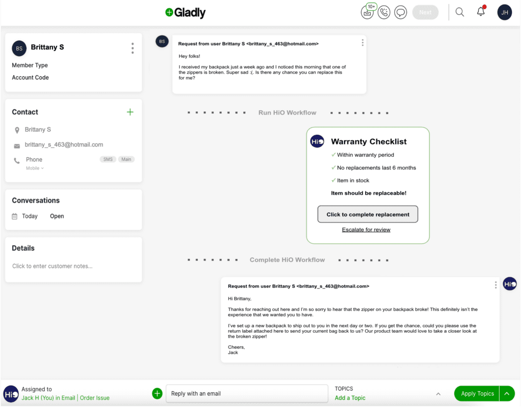 Customer service interface showing warranty request and communication with user Brittany S.