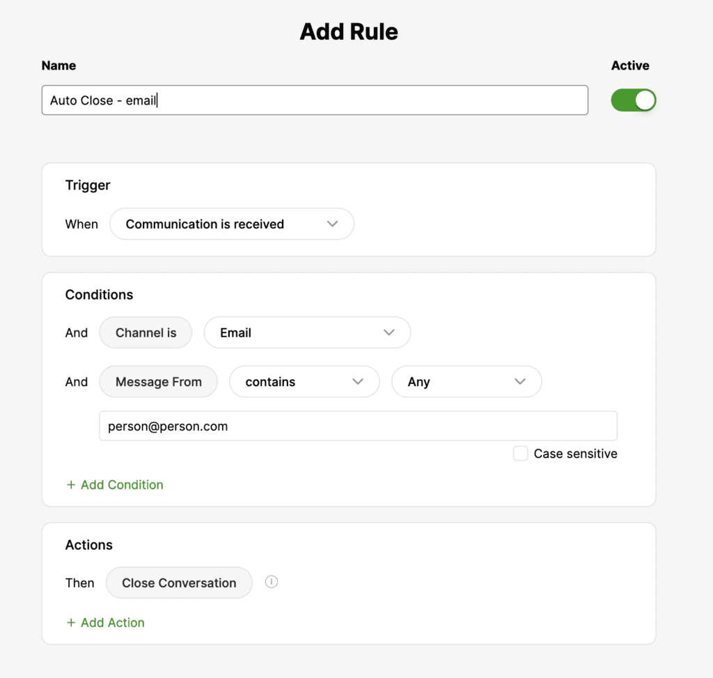 Settings for auto-closing email conversations based on specific conditions and triggers.