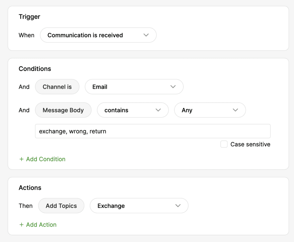 Email communication trigger with conditions for message body and actions for topic exchange.