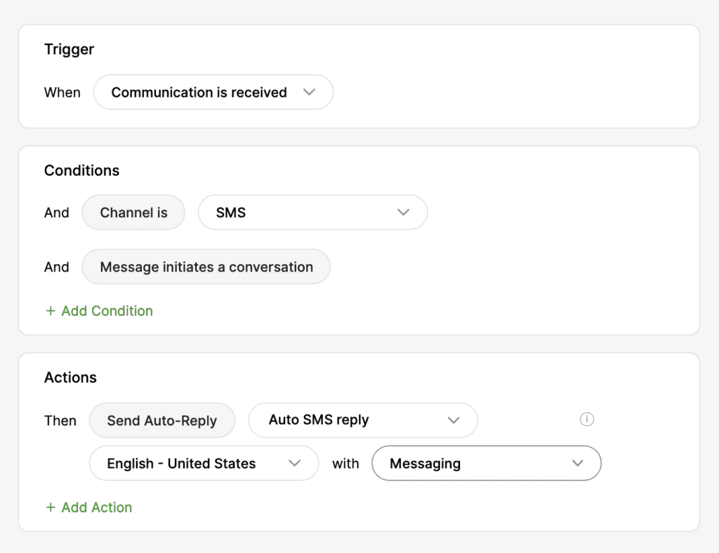 Workflow for SMS communication with auto-reply and conversation initiation conditions outlined.