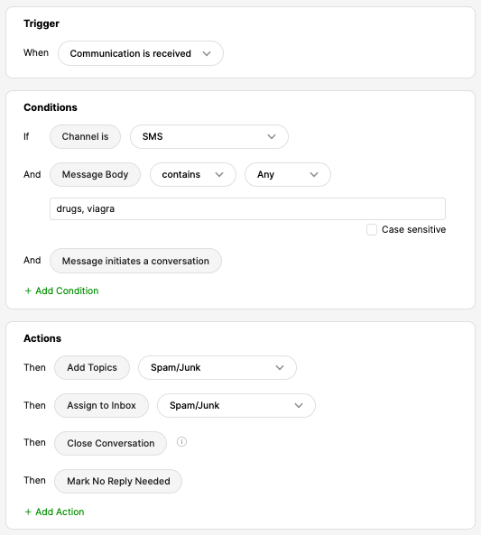 Conditions and actions for handling SMS communications regarding spam or junk messages.