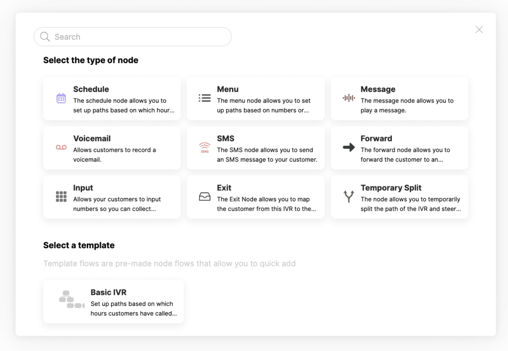 Selection of node types and templates for an interactive voice response system.