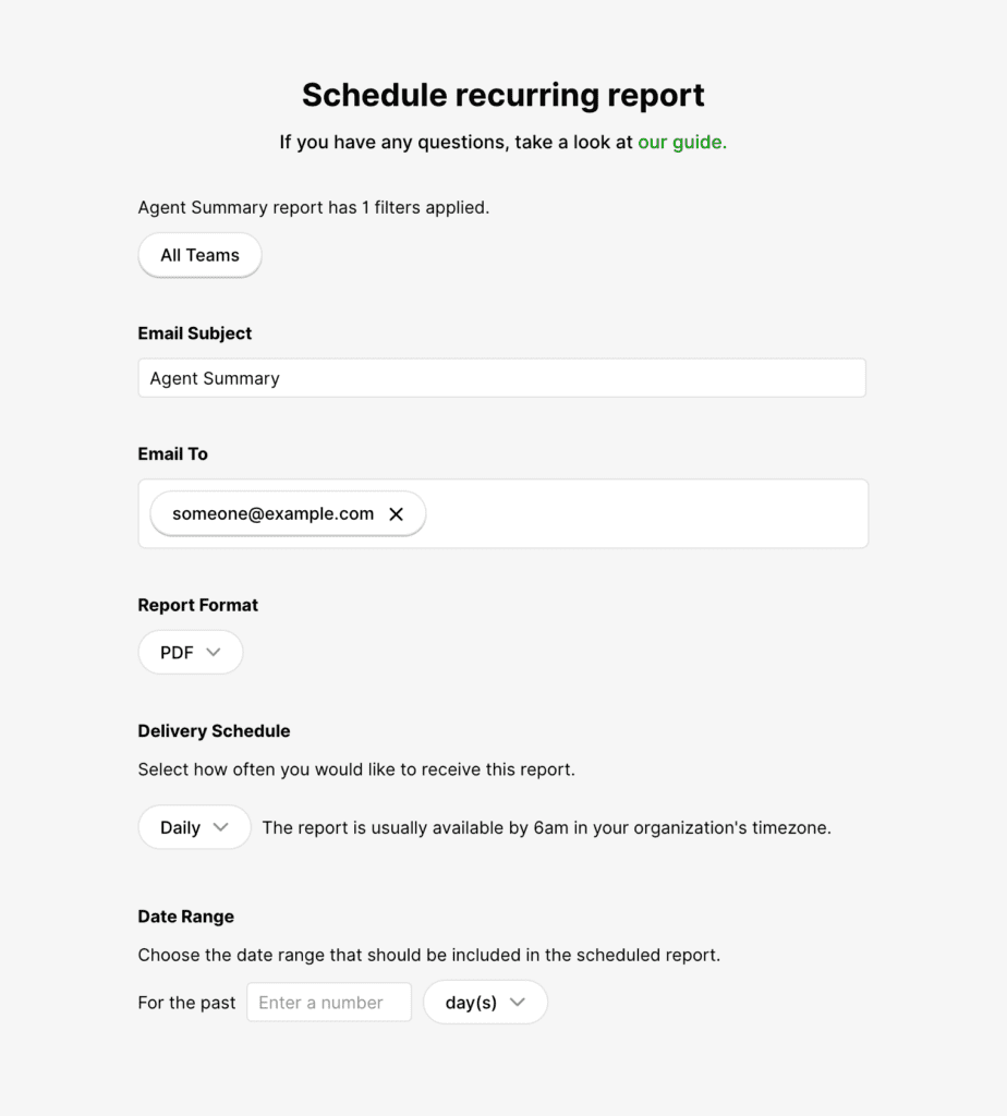 Form for scheduling a recurring report with email and delivery options.