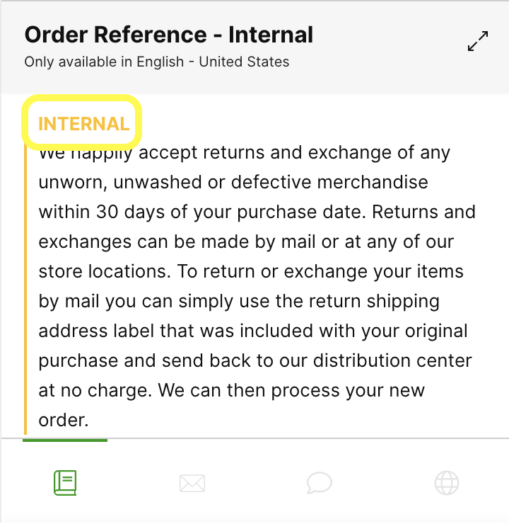 Internal order reference details including return and exchange policy information.