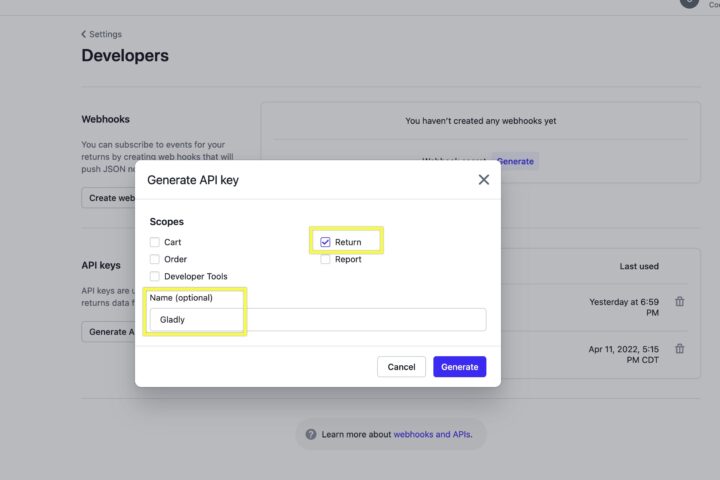 Settings page for generating an API key with highlighted options and fields.