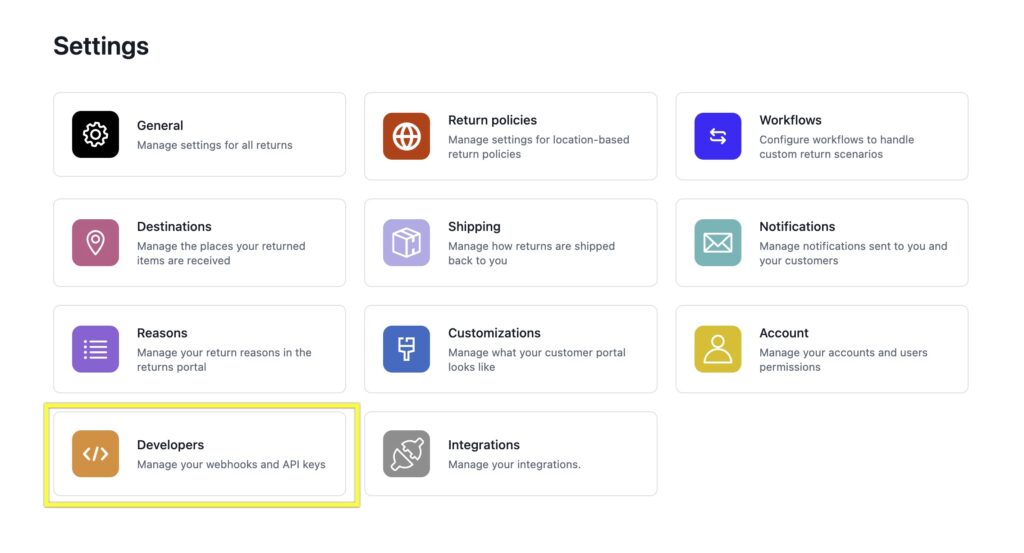 Settings menu displaying various options with Developers section highlighted for API management.