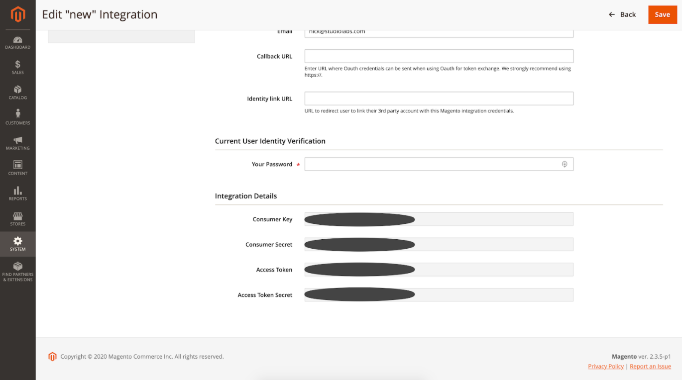 Editing integration settings with fields for user verification and access tokens.