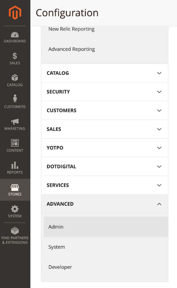 Configuration menu displaying various options like Catalog, Security, and Advanced settings.