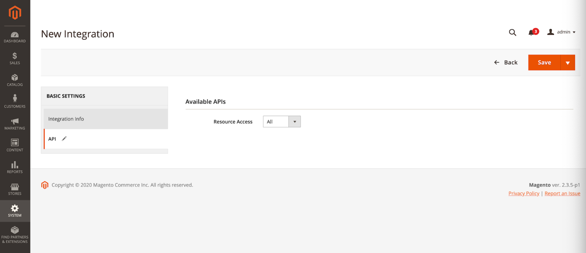 Interface for creating a new integration with API settings in Magento platform.