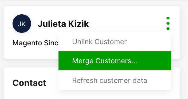 Options for managing customer data, including merging customers and unlinking accounts.