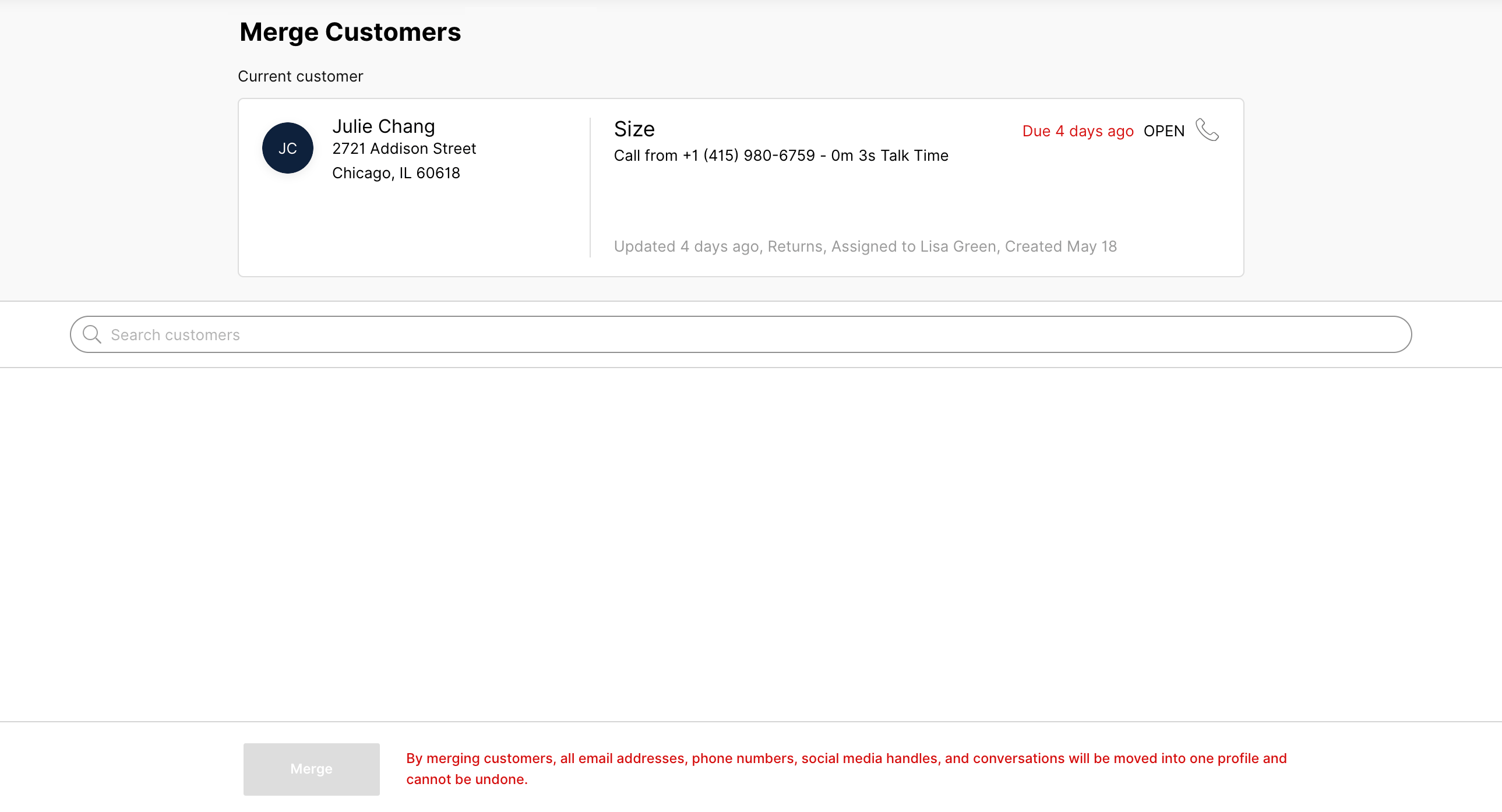 Customer merge interface displaying Julie Chang's details and important warning message.