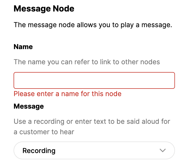 Instructions for creating a message node with name and message fields.