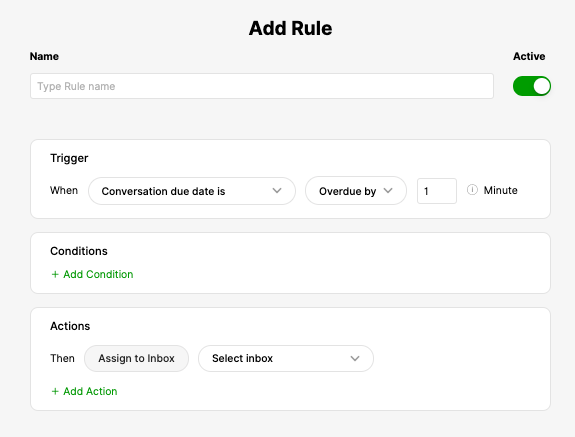 Interface for adding a rule with trigger, conditions, and actions sections visible.