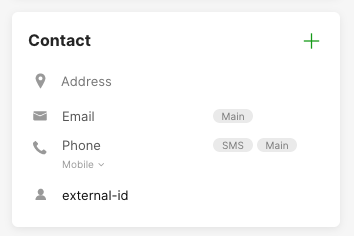 Contact information section displaying address, email, phone, and external ID fields.