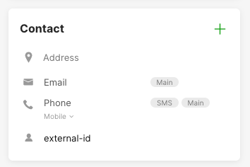 Contact information section displaying address, email, phone, and external ID options.